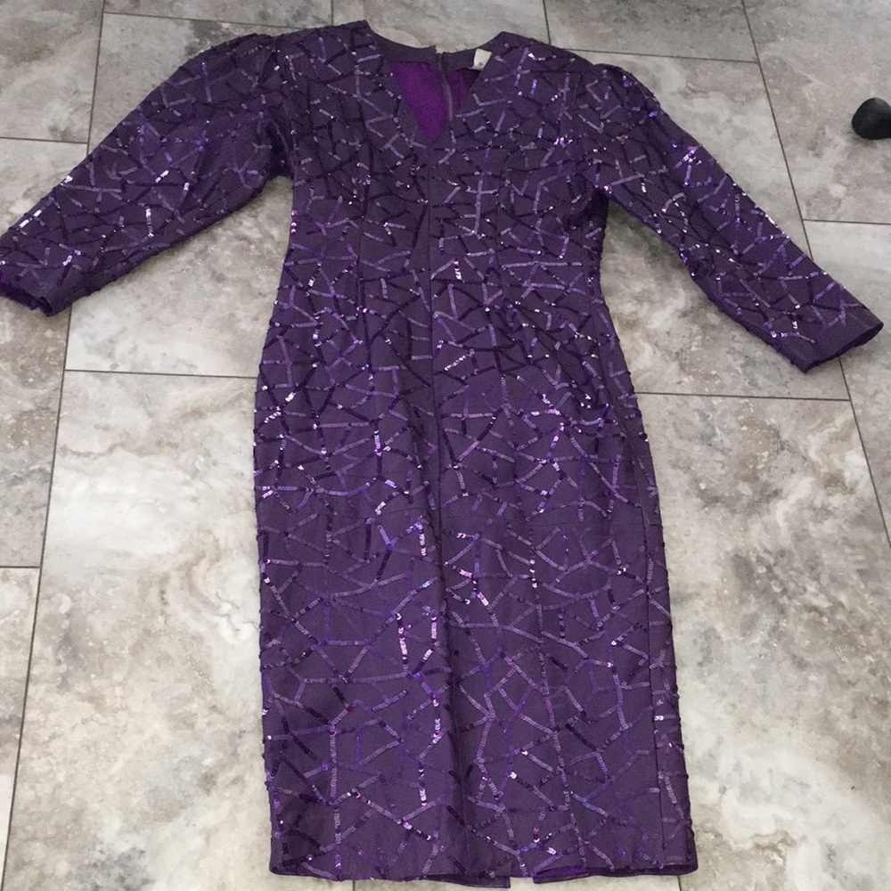 Vintage Purple Real Leather Sequin V-Neck Puff Shoulder lined sexyaf Dress. Euc